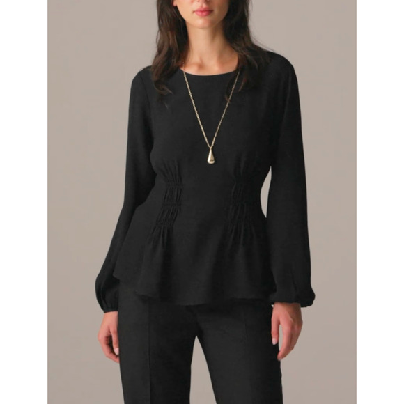 J.Crew Shirred Waist Top Viscose Crepe Black Long Sleeve Minimalist US 10 NWT - Picture 1 of 11
